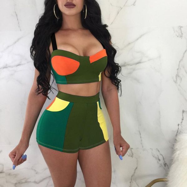 

women jumpsuit two piece set club sleeveless stitching crop and bodycon shorts suit set women outfits, White