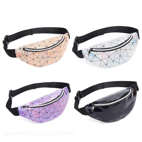 

holographic waist bags women pink silver fanny pack female belt bag black geometric waist packs laser chest phone pouch