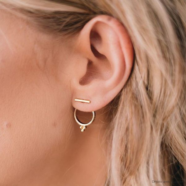 

Hot New Golden Color T Bar Round Circle Stud Earrings Vintage Earrings For Women Simple Party Jewelry E0462