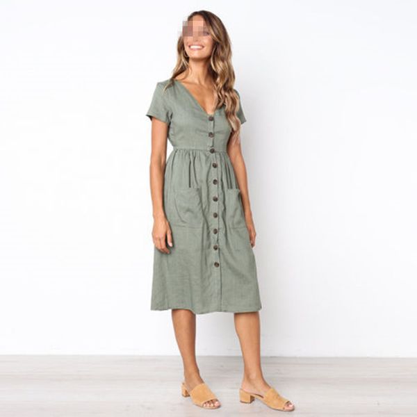 

2018 summer long dress solid v neck with button boho beach dress tunic maxi women evening party sundress vestidos, Black;gray