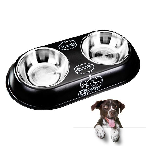 

safety cartoon stainless steel pet teddy cat double bowl antiskid stainless steel pet feeder bowl for dogs cats