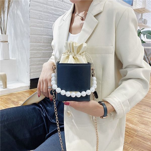 

2020 new shoulder bag women's casual fashion korean chain bucket bag solid color simple pearl handbag