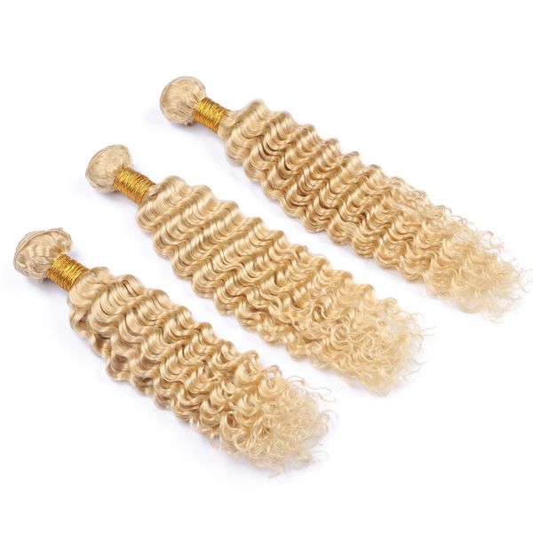 Cabelo loiro brasileiro Virgem Profunda Onda 3 Pcs Platina Loira Trama Do Cabelo Encaracolado # 613 Ouro Loira Tecer Cabelo Humano feixes Para Venda