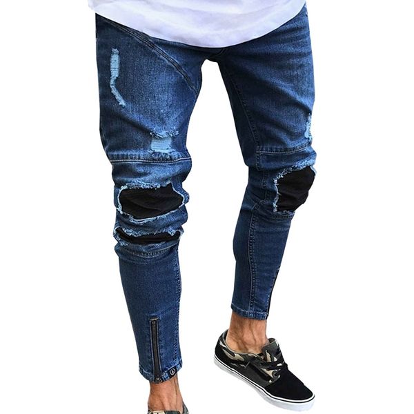 

fashion men jeans stretch destroyed ripped design 2020 new fashion ankle zipper skinny jeans for men, Blue