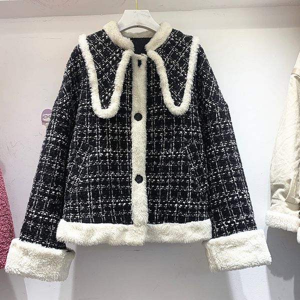 

vintage lamb wool jacket women winter new korean short thick parka coat girls lady small fragrant wind wool cotton-padded coats, Black