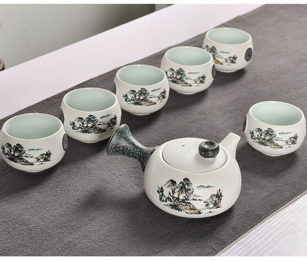 

7pcs cute embroidered bird tea set creative kung ku teapot cup set japanese style thick pottery teaware as gifts