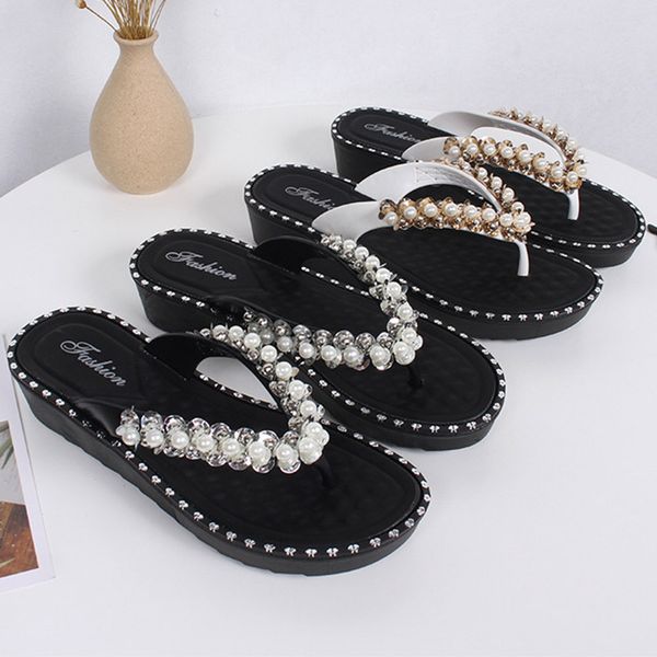 

bailehou women beach flip flops slippers summer sandals fashion flats high heel slippers home female ladies woman shoes slides, Black