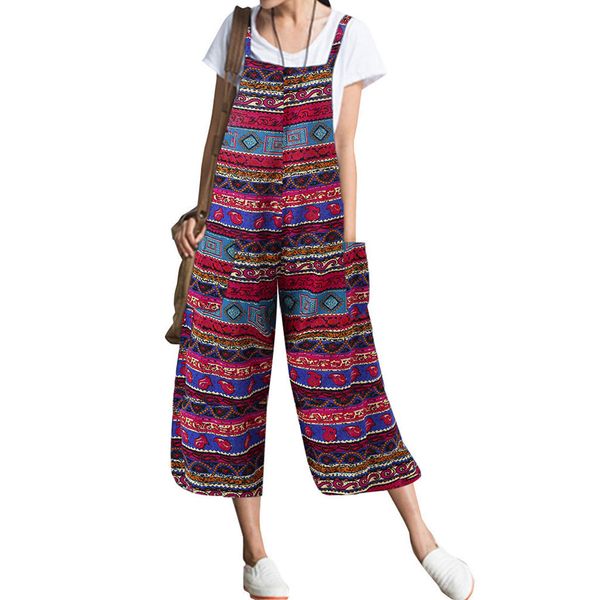 

ostrich strap summer jumpsuits women rompers pockets printed casual wide leg pants jumpsuit women overalls n30, Black;white