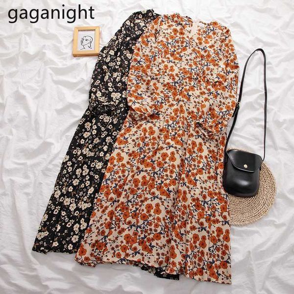 

gaganight vintage floral women maxi dress long sleeve v neck retro loose dresses spring autumn chic korean vestidos 2020 fashion, Black;gray