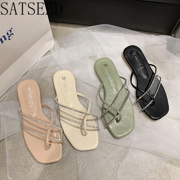 

toe sandals female 2020 summer new cross rhinestone transparent pvc slippers casual flat bottom wear beach flip flops, Black