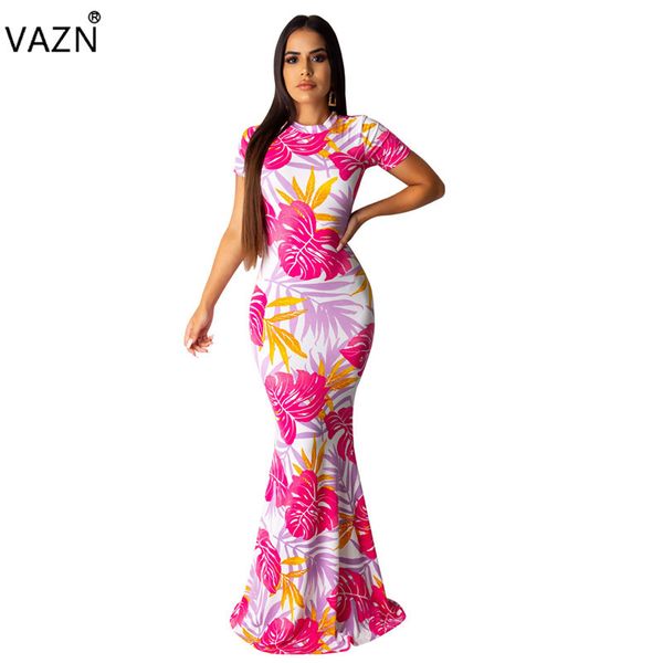 

vazn py8404 new dress new young lady of note fresh print round neck short sleeve high waist women thin maxi trumpet dress, Black;pink