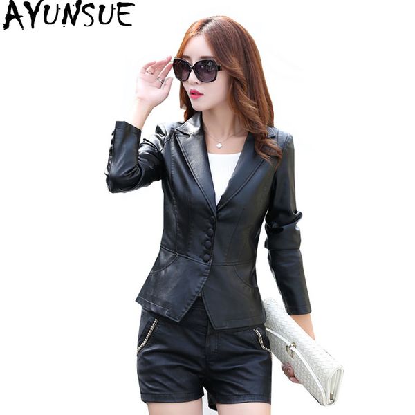 

ayunsue 2019 new faux sheep leather jacket women slim motorcycle pu jackets ladies macaw autumn coat jaqueta feminina kj589, Black