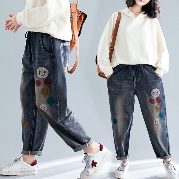 

women jeans harem pants female trousers denim vintage embroidery cartoon elastic waist autumn winter loose plus size, Blue