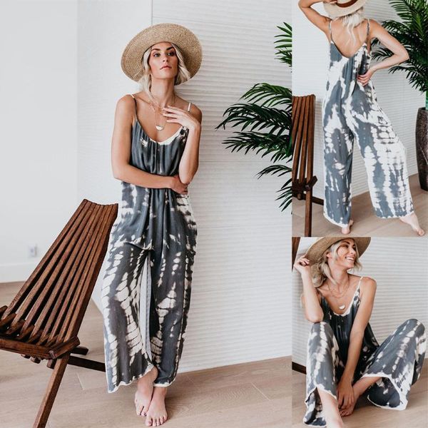 

women boho floral print lace up backless jumpsuit camisole wide leg pants loose piece trousers bodysuit, Black;white