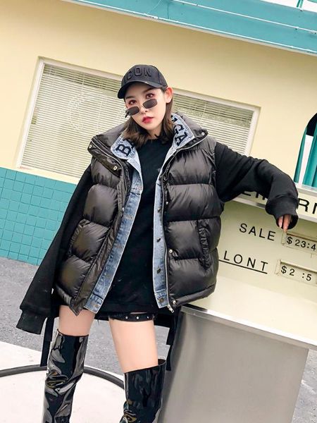 

bonjean 2020 cotton jacket for women black winter vest fake two pieces outerwear denim patchwork winter jackets and coats bj417, Black;white