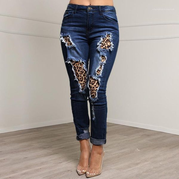 

womerns pencil pants fashion urban leisure style womens clothing summer spring female designer jeans hole patchwork leopard printed, Blue