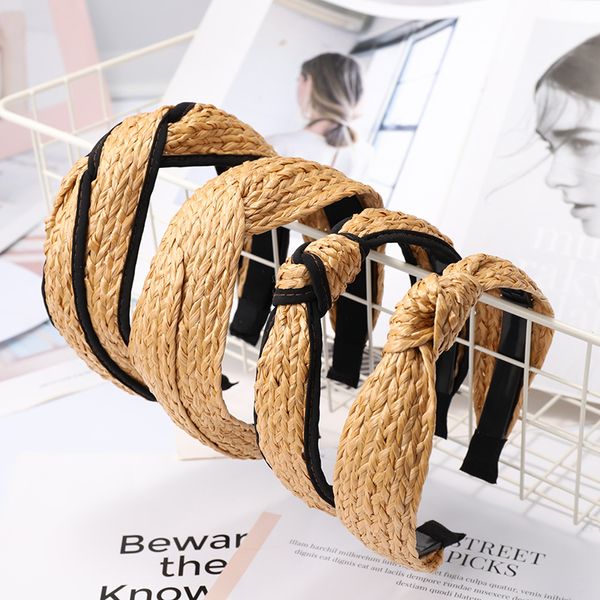 

bohemian hairband summer straw weaving knotted headband for women cross handmade hair hoop hairband hair accessories, Black;brown