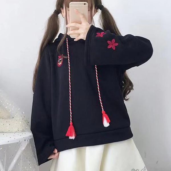 

cat ear sweatshirt hoodies patchwork hooded drawstring hoodies long sleeve loose women sweatshirt sueter feminino, Black