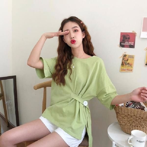 

summer clothes loose solid color irregular short-sleeved t- women 2020 medium and long base ins t- shirt shirt fashion, White