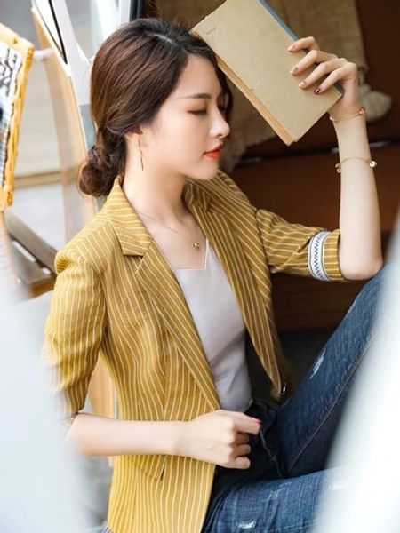 

striped blazer feminino spring fashion slim jacket korean blaser feminino yellow single button casual formal jackets casacos, White;black