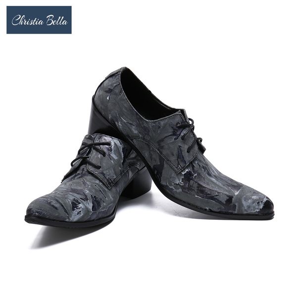 

christia bella printing genuine leather men business shoes fashion plus size mid heel lace up pointed toe formal party men shoes, Black