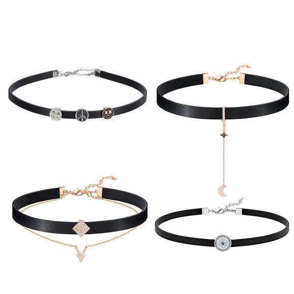 

fahmfahmi swa plated rose gold moon star black leather neck necklace pave black and clear crystals create an ever-changing look