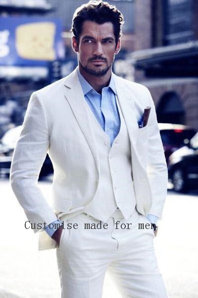 

ivory grooms tuxedos white wedding suits for men notched lapel slim fit mens linen suits three piece groomsmenjacketpantsvesttie, White;black