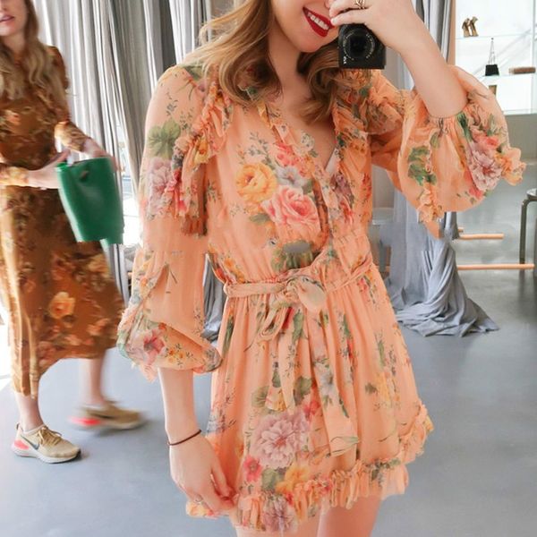 

holiday vacation woman playsuits high waist ruffles floral print with sashes sweet chiffon rompers summer 2020 newest, Black;white
