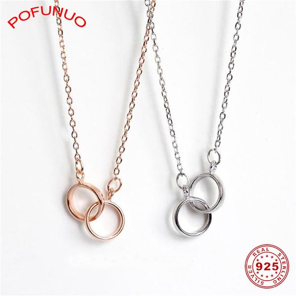 

pofunuo 925 sterling silver doule circle buckle pendant necklace women chic simple lovers gift choker rose gold jewelry necklace
