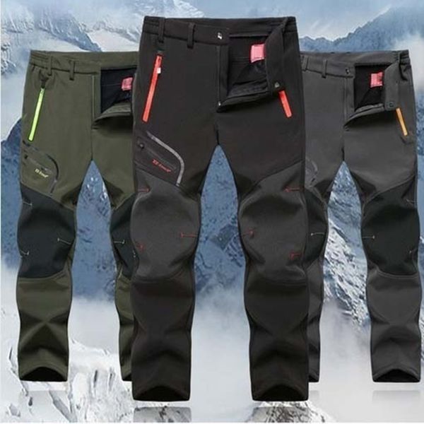 

2019 winter men cargo pants elastic waist travel softshell trousers waterproof windproof thermal men's warm men's trousers, Black
