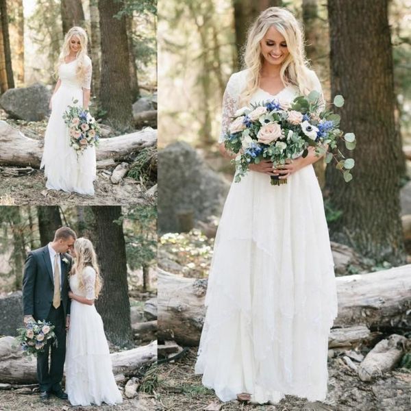 

western country wedding dresses lace chiffon modest v neck half sleeves long bohemian bridal gowns plus size robe de mariÃ©e en dentelle, White