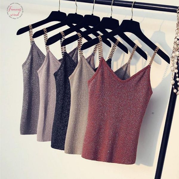 

2020 summer women sleeveless tank female v neck knitted camisole club girls metal strap camis thin shiny glitter bling, White
