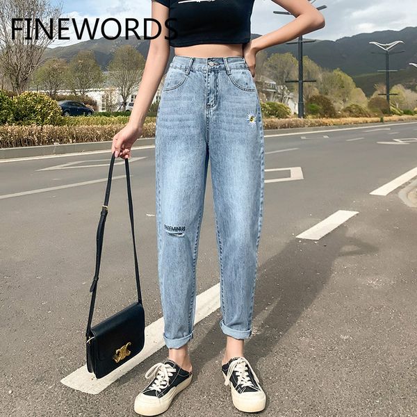 

women's jeans fiords daisy embroidery distress ripped boyfriend for women high waist casual harem korean loose denim pants, Blue