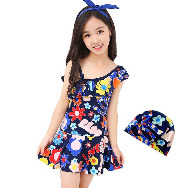 

new girls one piece swimsuits with cap 2020 print flowers pattern swimwear children baby girl swimming suit kids bathing suits