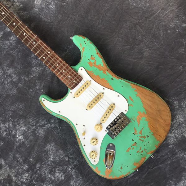 

in 2020, new high-quality relic left-hand st electric guitar, green srv hand-made old-style relic electric guitar, vintage sunburst