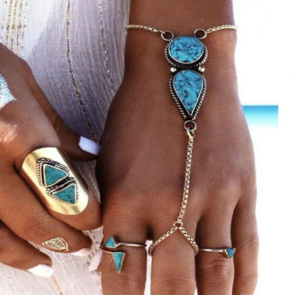 Mode Retro 10 teile/los Türkis Armband Finger Ring Hand Harness Armreif Slave Kette fit frauen männer schmuck geschenke