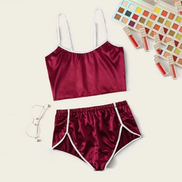 

women wireless bra backless camisole satin shorts set sleepwear pajamas set cute cami and shorts pijama mujer sleepwear, Black;red