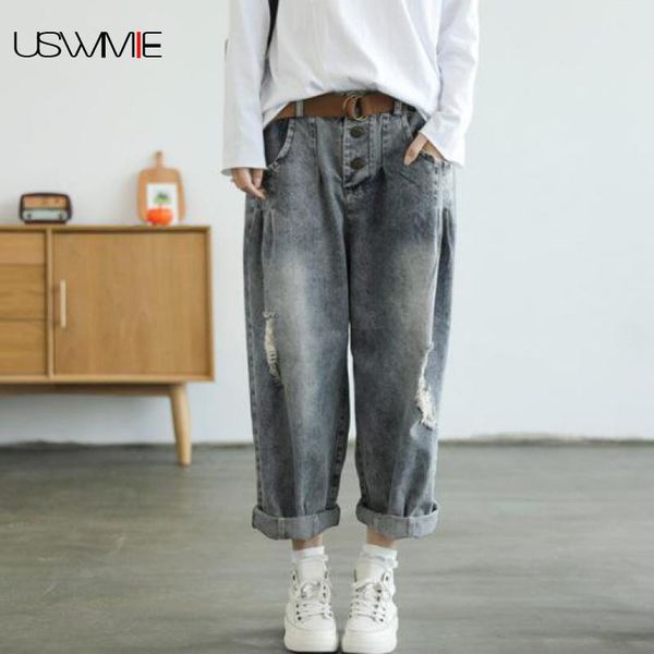 

ladies jeans spring literary leisure outwear retro softener hole pocket solid color comfort plus size daddy high waist jeans, Blue