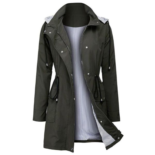 

2020 womens and blouses women casual waist drawstring pockets hooded coat waterproof jacket raincoat women, Tan;black