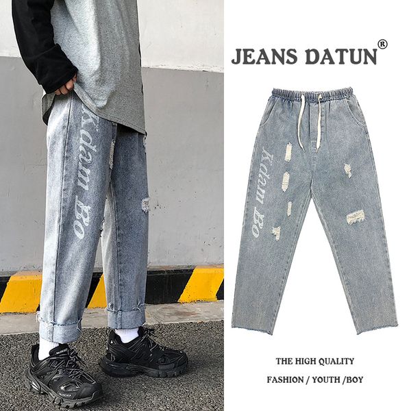 

wholesale 2020 fashion new letter printing hole jeans korean tide brand casual pants trend straight hip hop harem pants, Blue