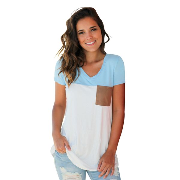 

dhl womens summer basic v neck t shirts short sleeve blouse casual tees with suede pocket s-xxl, White