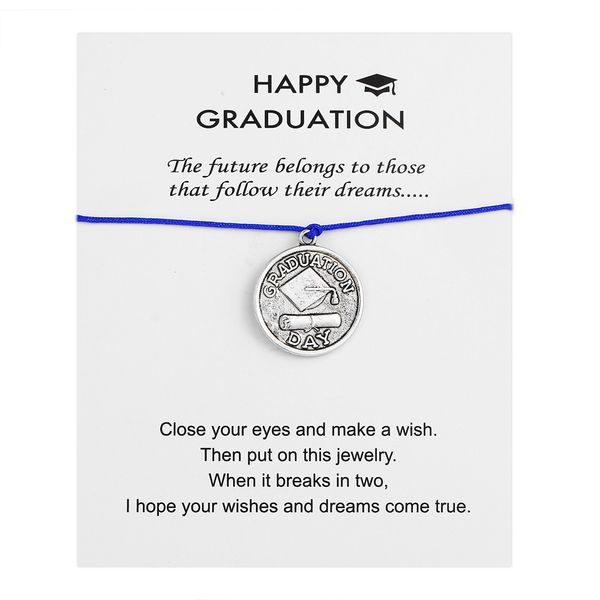 

happy graduation series silver circular shape engraved graduate cap and graduation day pendant wax cord wish card bracelets, Black