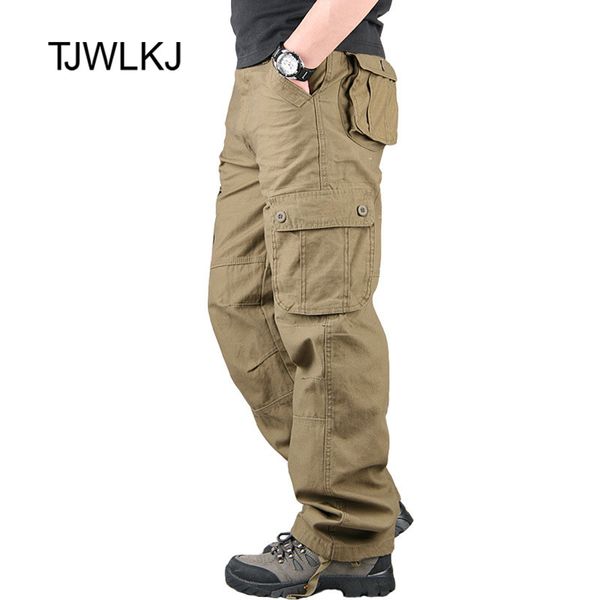 

tjwlkj streetwear retro casual cargo pants safari style multi pockets tactical pants men outwear straight long trousers, Black