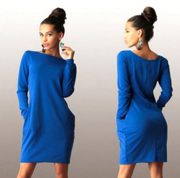 

casual dresses solid pockets loose autumn dress women's o-neck long sleeve mini bodycon vestidos, Black;gray