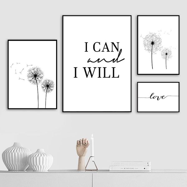 

nordic minimalist abstract dandelion art painting canvas prints black white love quotes posters wall for living room decor al144