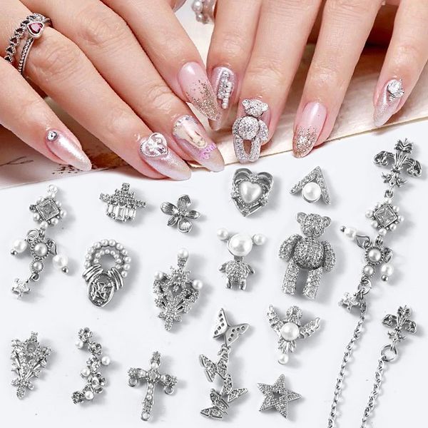 

silver zircon nail art rhinestones 3d bear butterfly flower cross tassel chains pearls nails decorations jewelry diy accessories, Silver;gold