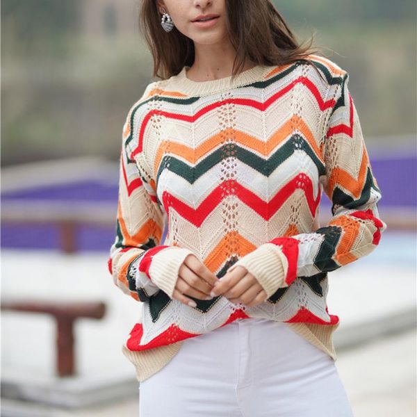 

women rainbow striped sweater causal long sleeve hollow out knitted pullovers fall and winter slim jumpers knitwear invierno, White;black