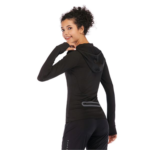 

autumn gym hooded high collar coat women run 1/2 zip sports fitness hoodies 3m reflective back pocket running shirt jackets, Black;red