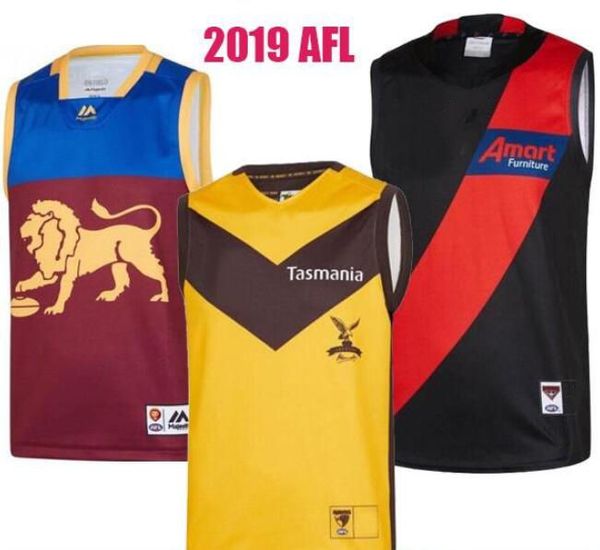 2019 Brisbane Lions Essendon Bombers Vest Jersey Hawthorn Legends Guernsey Sem mangas Regras australianas Futebol AFL Jerseys Tamanho venda imperdível