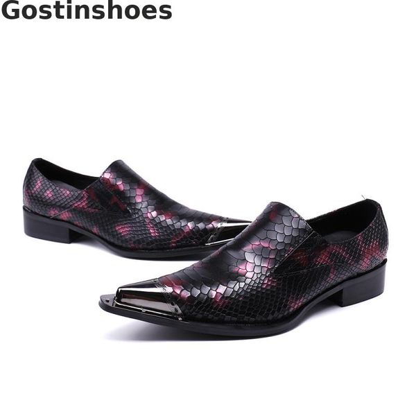 

men shoes genuine leather casual leather shoes purple snakeskin printed pointed metal capped toe fashion men loafers daily wear, Black